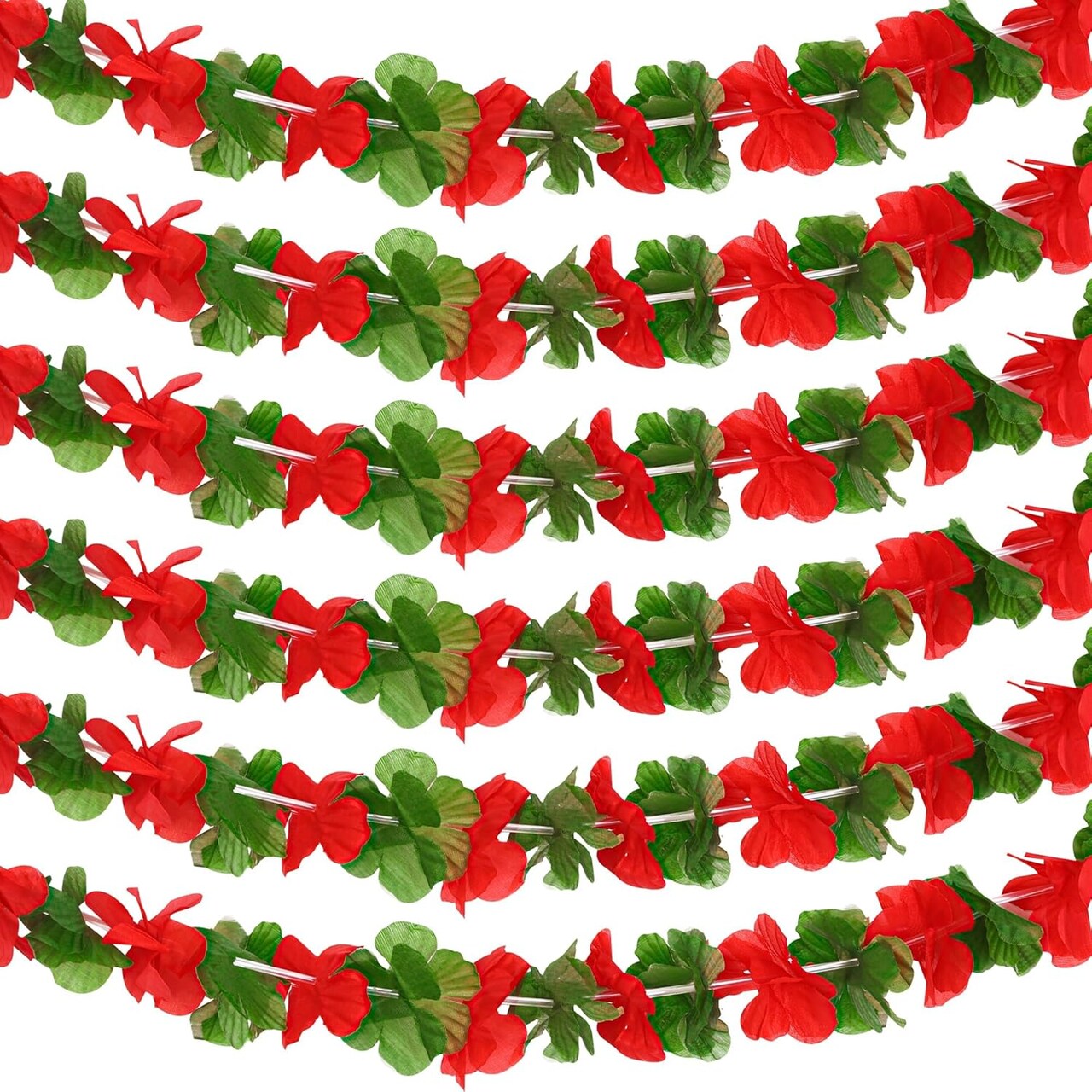 6 Pcs 10 Feet Each Christmas in July Hawaiian Leis Red and Green Hawaiian Flower Garland Hawaiian Luau Tropical Flower Leis for Christmas Cosplay Beach Wedding Carnival Themed Party Decorations
